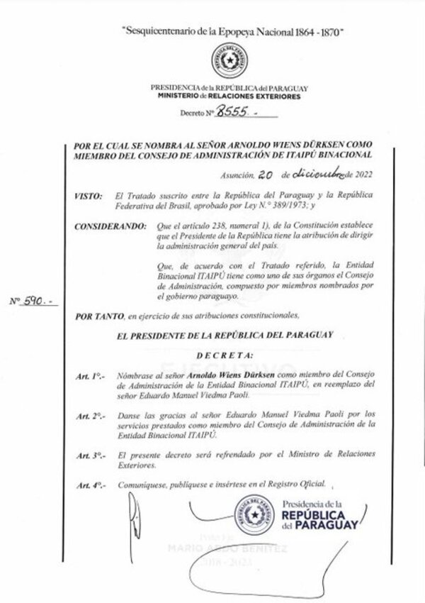 Ejecutivo nombra a Arnoldo Wiens como Consejero de Itaipú » San Lorenzo PY