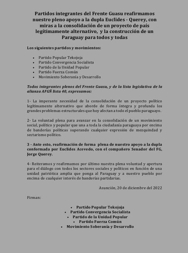 Partidos integrantes del Frente Guasu reafirman apoyo a Euclides – Querey - El Trueno
