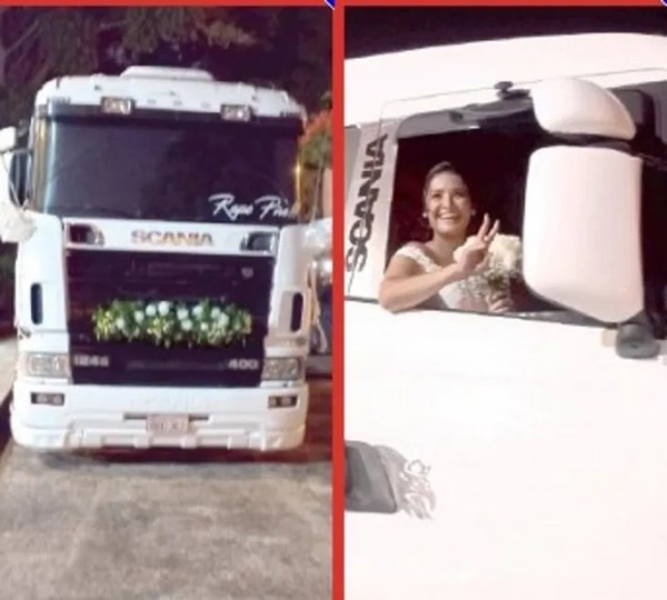Novia llega a su casamiento en un camión Scania blanco y causa furor