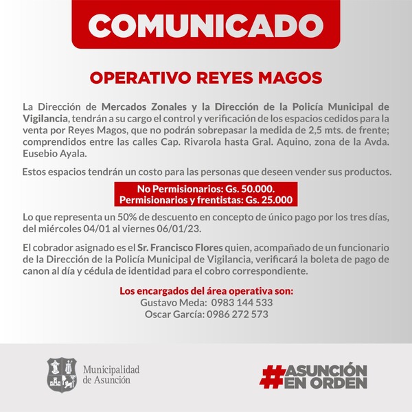 Municipalidad controlará puestos de ventas por Reyes | 1000 Noticias