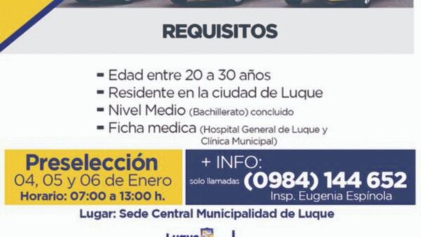 Hacen llamado a preselección de postulantes para la PMT de Luque