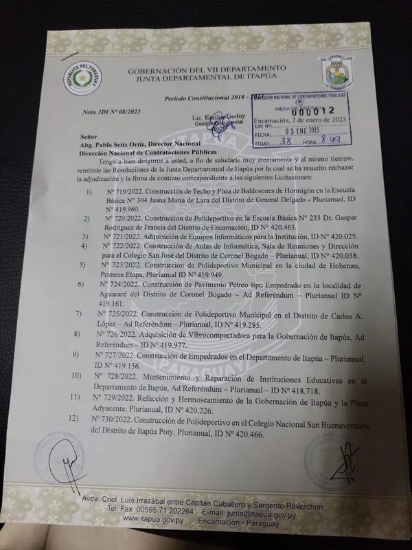 Junta Departamental de Itapúa pide paralizar proceso de llamado a licitación - Nacionales - ABC Color