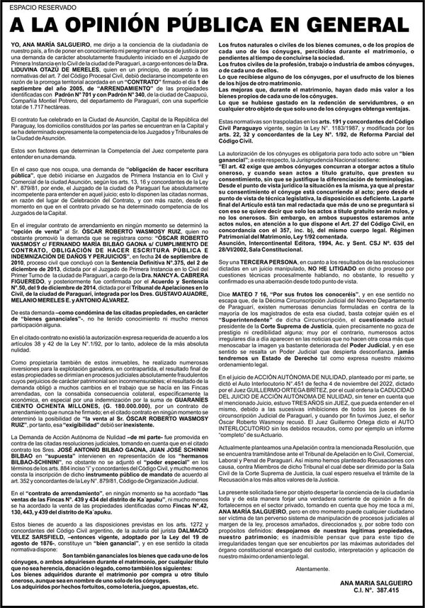 A la opinión pública en general, de Ana María Silguero - Espacio Reservado - ABC Color