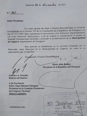 Gobierno pide a Comisión Permanente analizar la intervención de Caapucú - Política - ABC Color