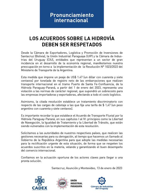 UIP en pronunciamiento internacional por peaje en Hidrovía | 1000 Noticias