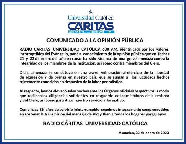 Denuncian grave amenaza contra integridad de miembros de radio Cáritas » San Lorenzo PY