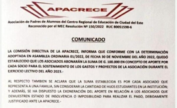 Padres del CRECE denuncian pedido de "aporte" de ACE