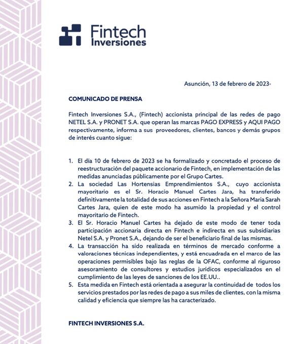 Fintech: Horacio Cartes transfirió la totalidad de sus acciones