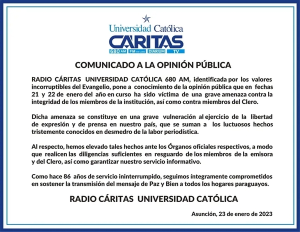 Radio Cáritas denuncia haber recibido amenazas por una publicación