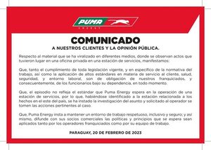 Comunicado de Puma Energy a sus clientes y la opinión pública - Espacio Reservado - ABC Color