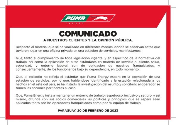 Comunicado de Puma Energy a sus clientes y la opinión pública - Espacio Reservado - ABC Color