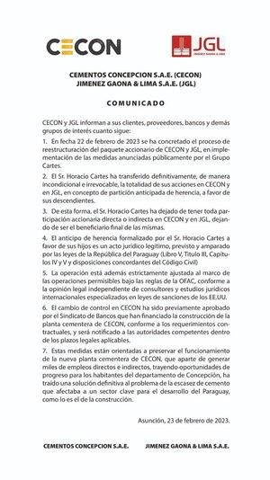Cartes se aparta de CECON, la constructora Jiménez Gaona y Farmacenter - El Trueno
