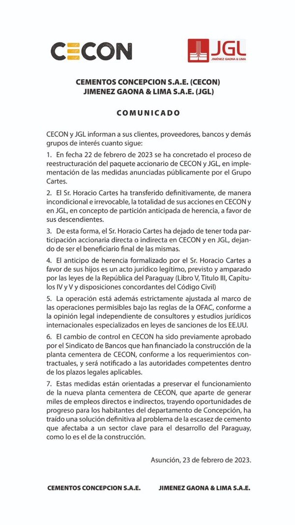 Cartes se aparta de CECON, la constructora Jiménez Gaona y Farmacenter - El Trueno