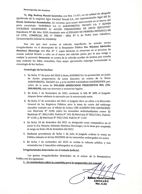 Denuncian ante la CSJ a rematador por supuestas irregularidades