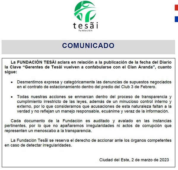 Fundación Tesãi aclara denuncias sobre contrato de estacionamiento en Club 3 de Febrero | DIARIO PRIMERA PLANA