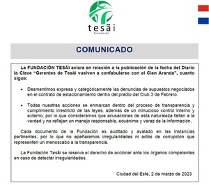 Con escueto comunicado, Tesãi intenta refutar negociados con el clan Aranda - La Clave