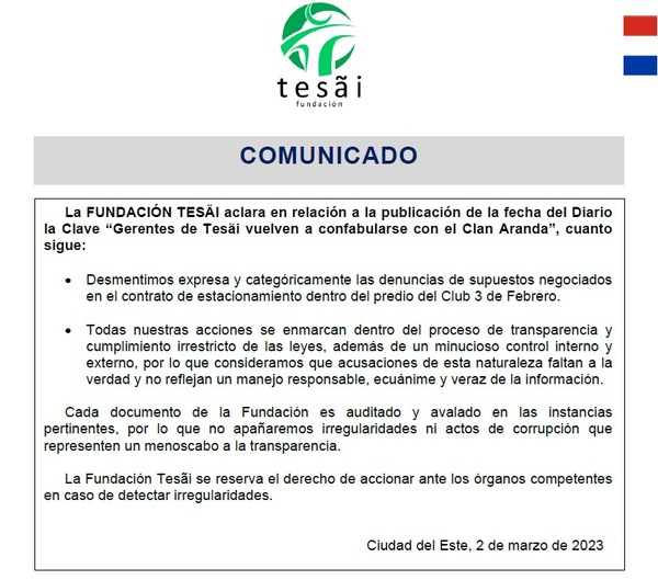 Con escueto comunicado, Tesãi intenta refutar negociados con el clan Aranda - La Clave