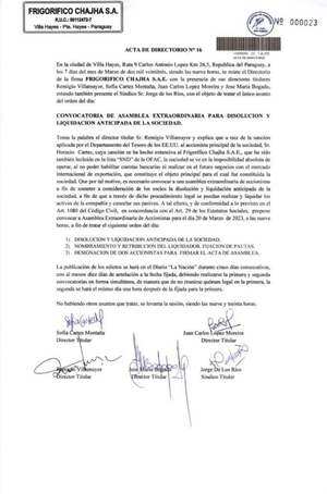 Cartes disolverá Frigorífico Chajha a consecuencia de sanciones de EE.UU. - El Trueno