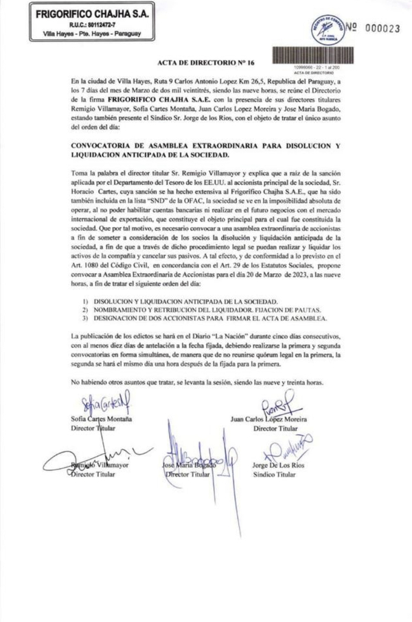 Cartes disolverá Frigorífico Chajha a consecuencia de sanciones de EE.UU. - El Trueno