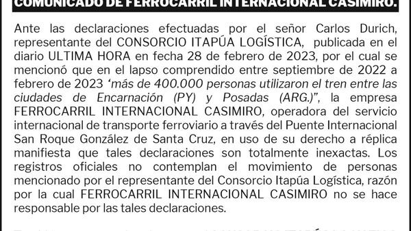 ESPACIO RESERVADO: Comunicado de Ferrocarril Internacional Casimiro