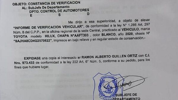 Documento de camioneta incautada de auxiliar fiscal es falso, según Policía