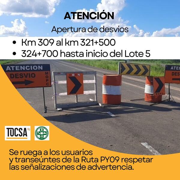 Aplican desvíos en un sector de la ruta PY09 – Transchaco