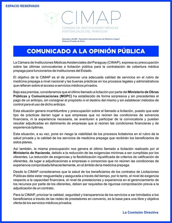 Comunicado de la Cámara de Instituciones Médicas Asistenciales del Paraguay (CIMAP) - Espacio Reservado - ABC Color