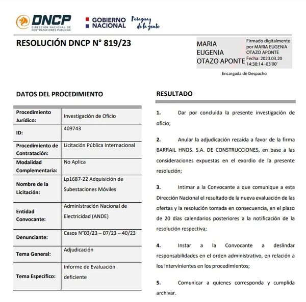Contrataciones anuló adjudicación de ANDE subestaciones móviles a Barrail Hnos - Economía - ABC Color