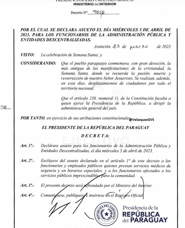 Asueto desde el miércoles santo para la función pública | 1000 Noticias