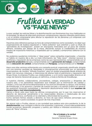 Comunicado del Grupo Kress: Campaña FAKE NEWS vs Frutika y Paraguay - Espacio Reservado - ABC Color