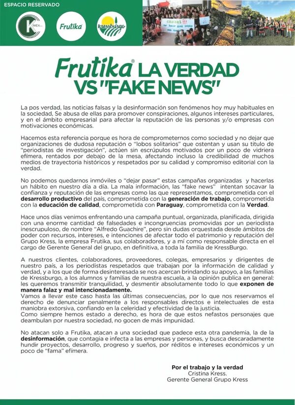 Comunicado del Grupo Kress: Campaña FAKE NEWS vs Frutika y Paraguay - Espacio Reservado - ABC Color