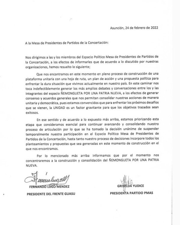 Sixto recuerda que Lugo había comunicado formalmente que el Frente Guasu se retiraba de la Concertación - El Trueno