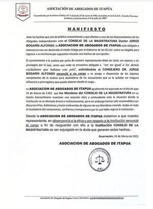 Abogados de Itapúa exigen renuncia de Jorge Bogarín y cuestionan postura “fría y dubitativa” del CM - Nacionales - ABC Color