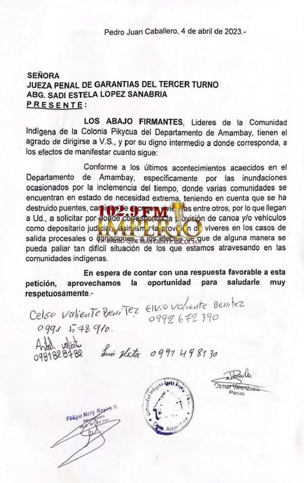 Indígenas sin camino solicitan canoa y víveres al Juzgado en carácter de depositario judicial - Radio Imperio