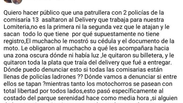 Policías pescan y pelan a delivery, denuncian