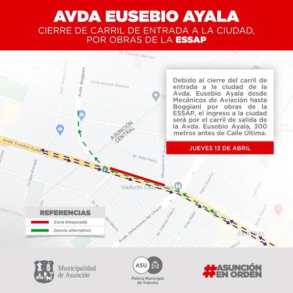 Cerrarán carril de un tramo de Eusebio Ayala por obras de la ESSAP | 1000 Noticias