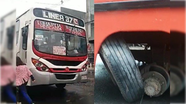 [VIDEO] Bus chatarra perdió su rueda trasera en pleno viaje y dejó a pasajeros en la lluvia