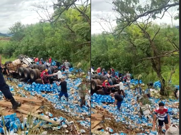 ¡Verguenza! Camión repleta de birra volcó y todos rapiñaron la carga
