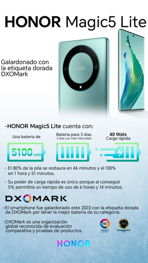 HONOR Magic5 Lite, el celular con una batería de 3 días, fue galardonado con la etiqueta dorada DXOMark