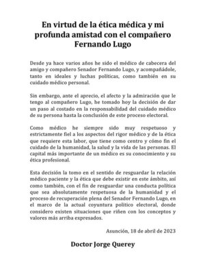 Se agudiza crisis en el Frente Guasu: Querey renuncia como médico de Lugo - El Trueno