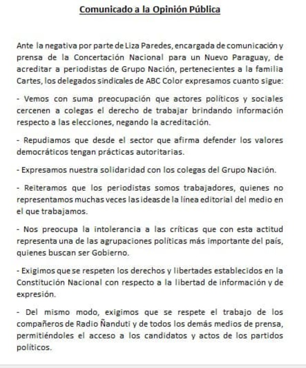 Grupo de periodistas del medio ABC se solidarizan con La Nación de Cartes