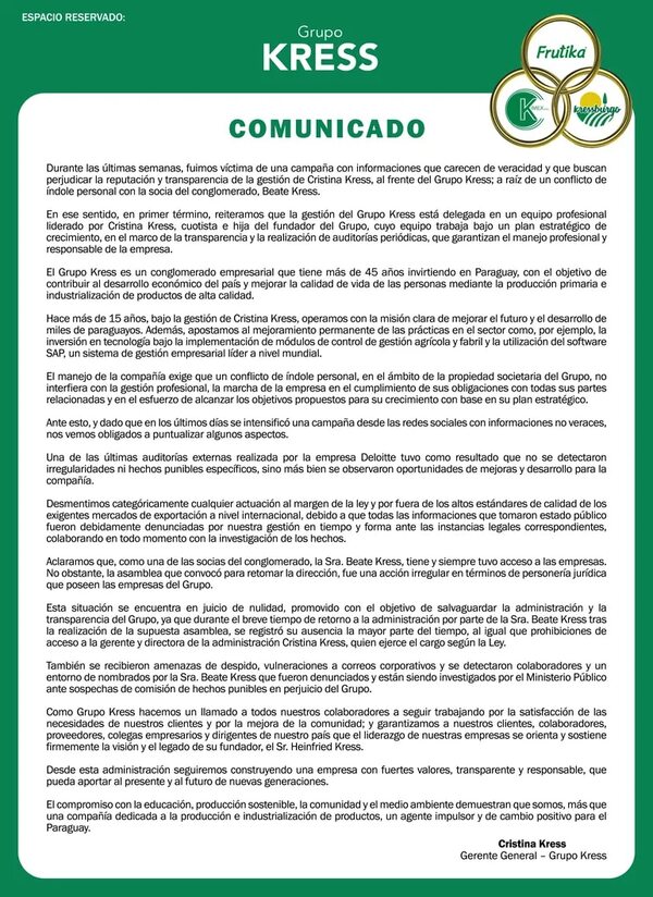 Comunicado del Grupo Kress - Espacio Reservado - ABC Color