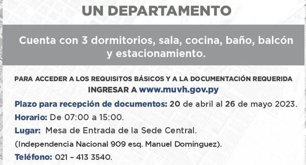 MUVH convoca a interesados para compra de 1 departamento recuperado en la ciudad de Luque