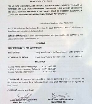 El Sportivo Obrero convoca a Asamblea General Ordinaria para cambio de autoridades y Comisión Directiva