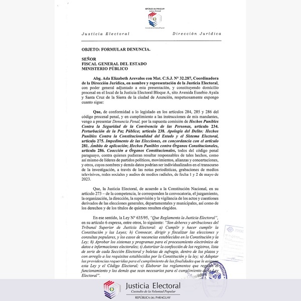 TSJE presentó oficialmente denuncia por hechos violentos frente al ente | 1000 Noticias