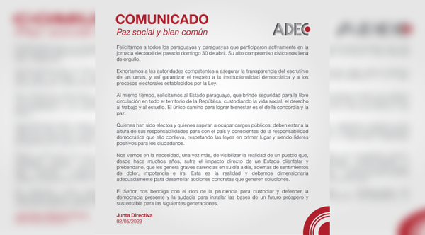 Diario HOY | ADEC pide garantizar transparencia en escrutinio y asegurar la libre circulación