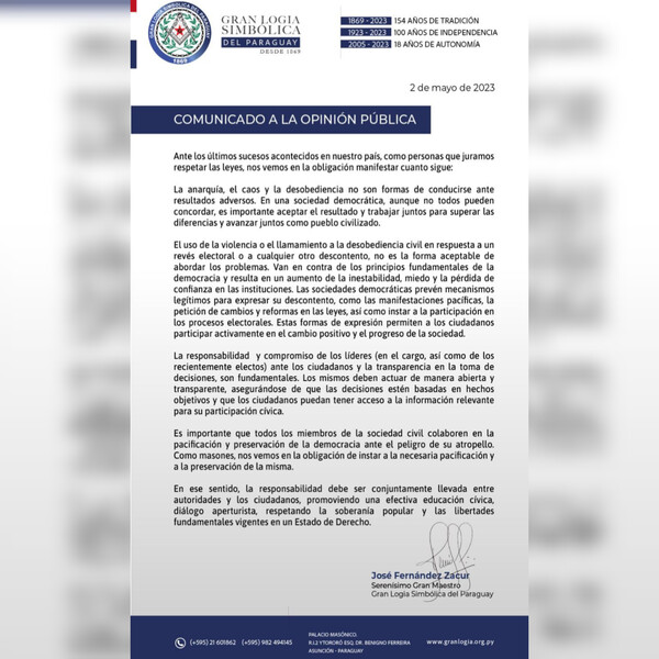 Contundente comunicado de los masones del Paraguay - C9N