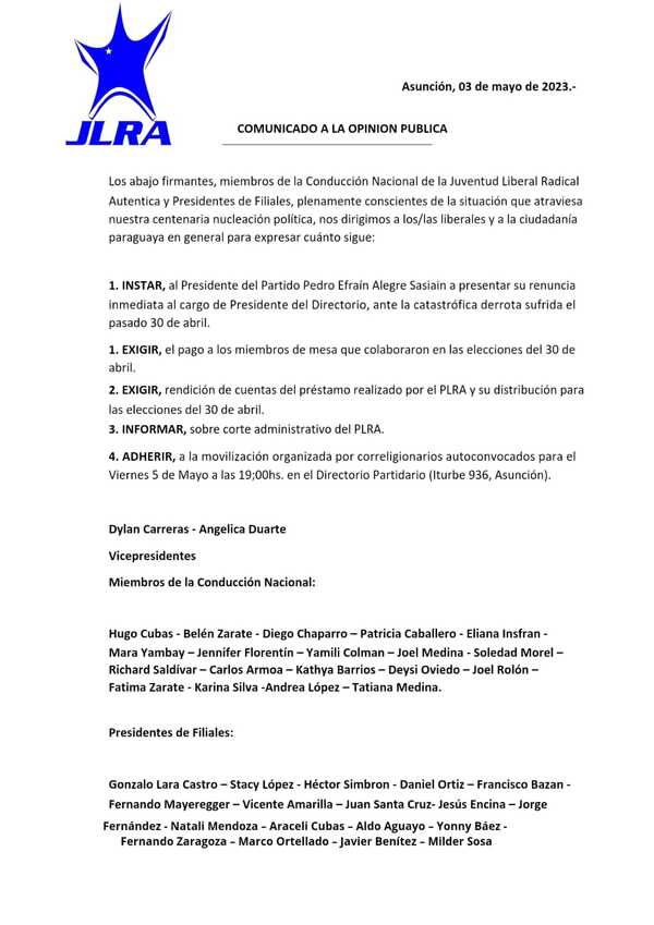Jóvenes liberales piden renuncia de Efraín Alegre tras derrota electoral - El Trueno