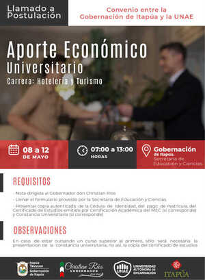 GOBERNACIÓN ENTREGARÁ APORTE ECONÓMICO A UNIVERSITARIOS EN CONVENIO CON LA UNAE