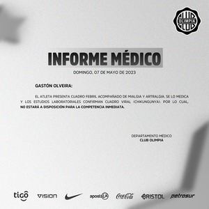 Gastón Olveira es baja en Olimpia por chikungunya | 1000 Noticias